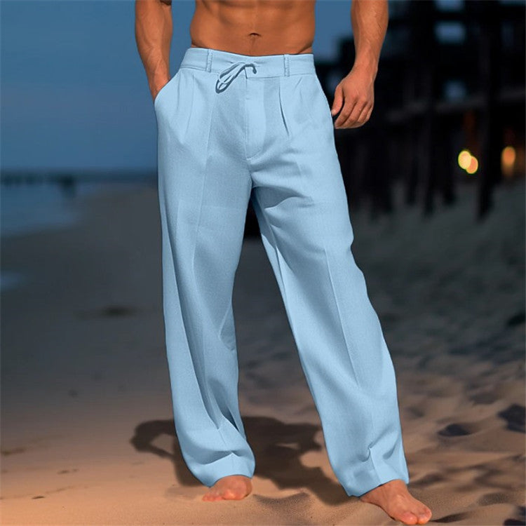 Pantalones de pierna ancha con cordón para hombre – Pantalones rectos casuales de algodón