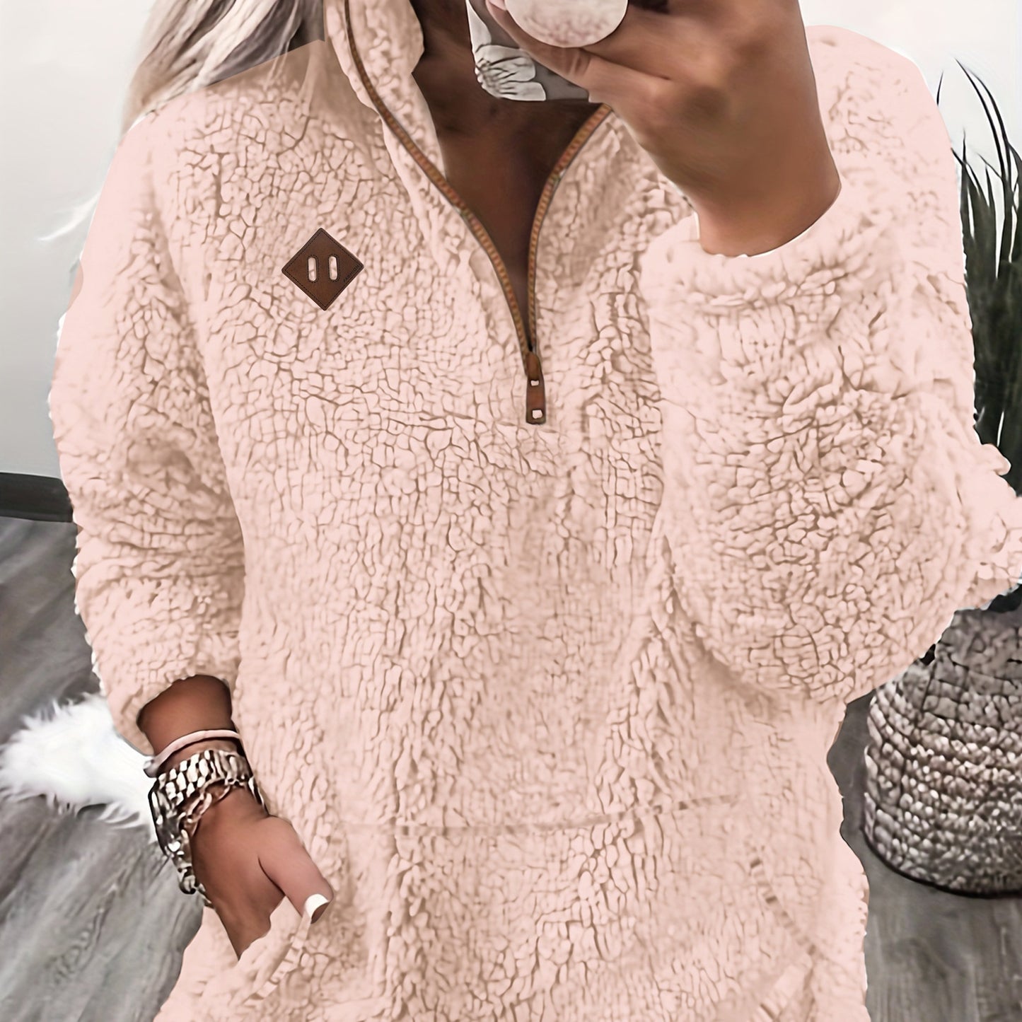 Sudadera con capucha y cremallera forrada de forro polar: sudadera casual suave para mujer