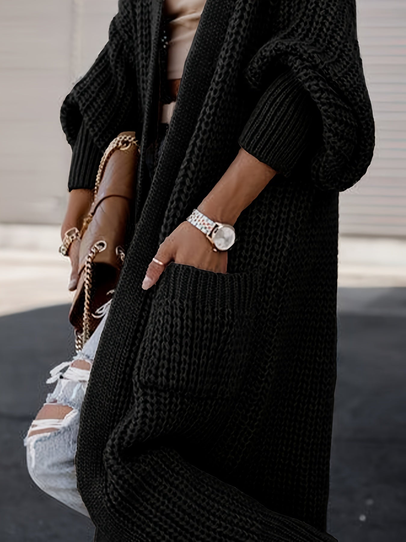 Elegante cárdigan acanalado con cuello en V profundo – Suéter de punto de otoño/invierno para mujer