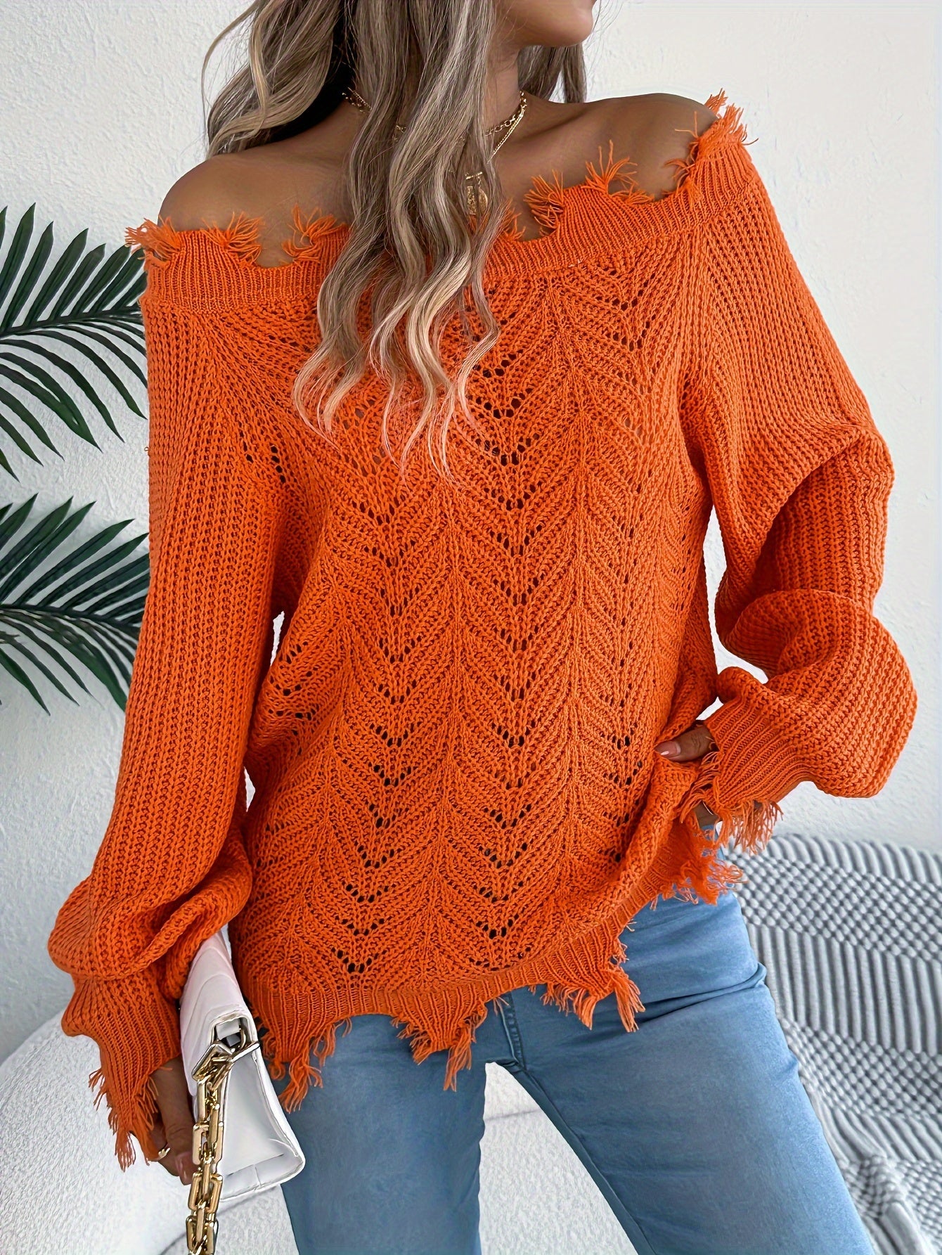 Suéter de punto sin hombros para mujer – Sudadera de punto elegante para otoño/invierno