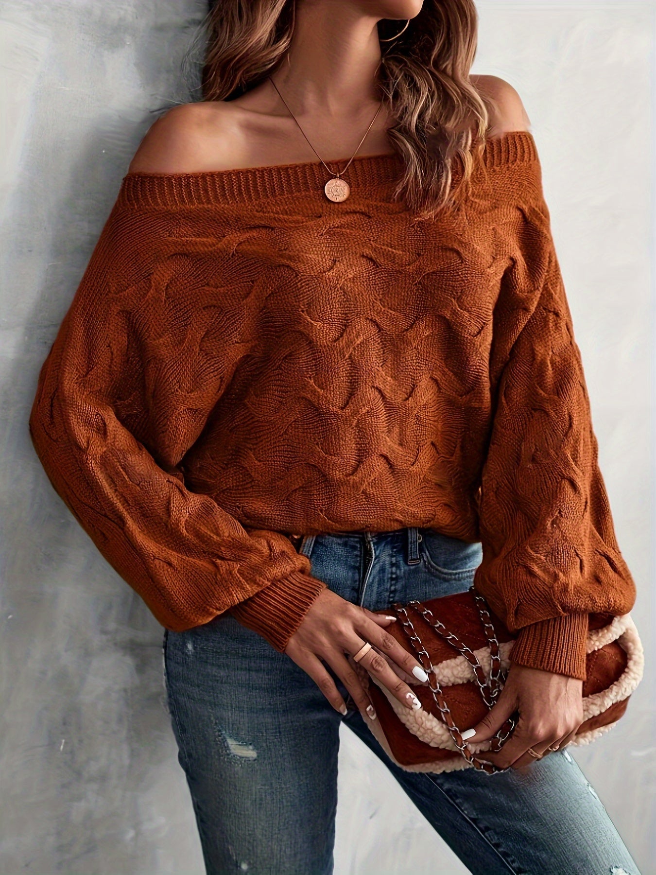 Suéter murciélago para mujer con hombros descubiertos – Tejido holgado para todas las estaciones