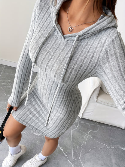 Vestido bodycon acanalado con capucha para mujer – Lazo ajustable, manga larga, corte lápiz