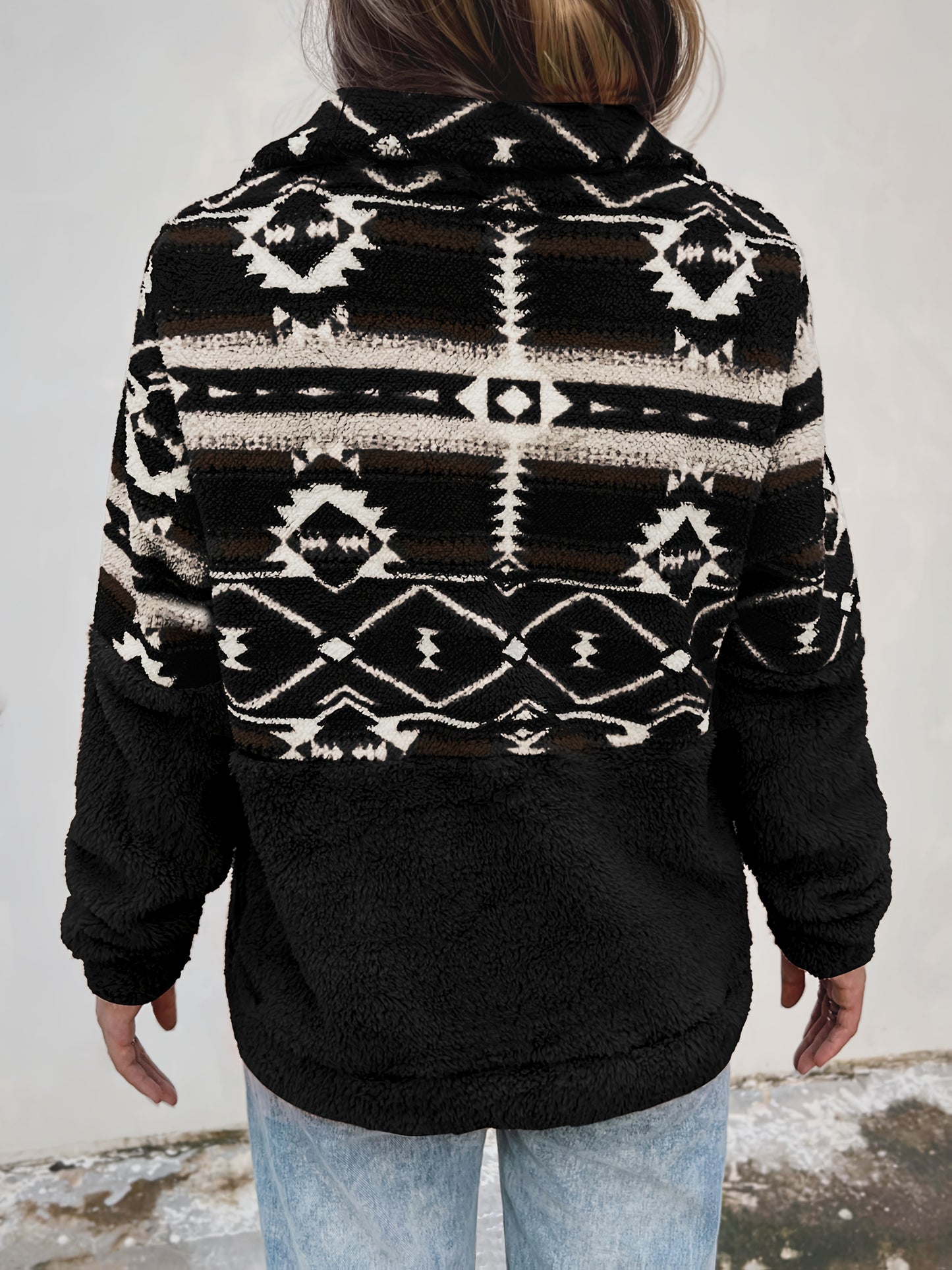 Sudadera de felpa con patrón geométrico Geo – Forro polar con media cremallera para otoño e invierno