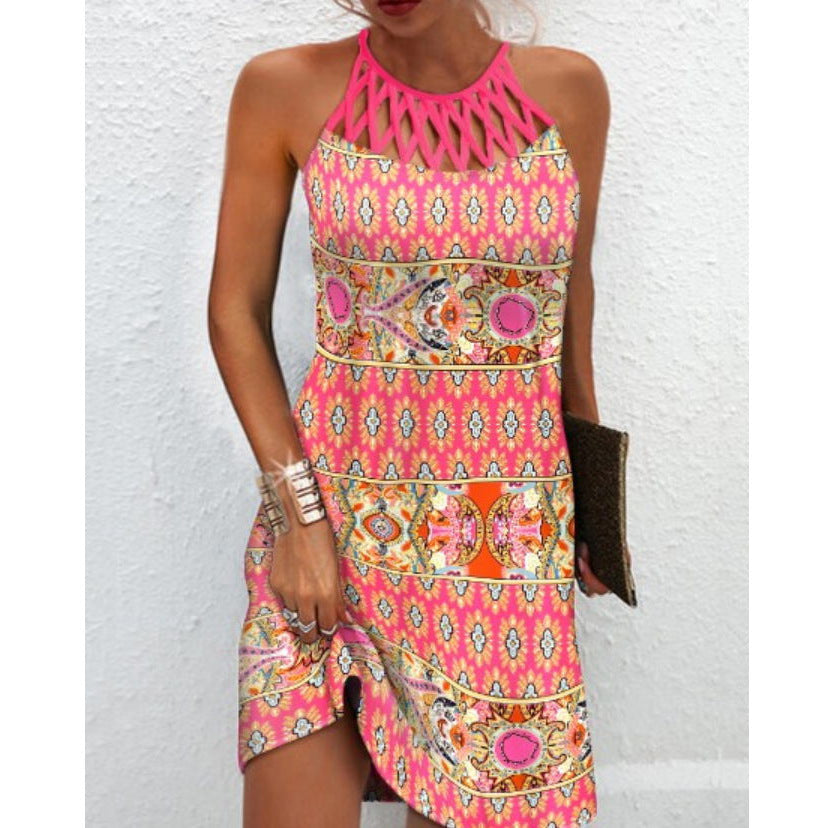 Printed Halter Summer Dress – Casual A-Line Midi Dress for Women