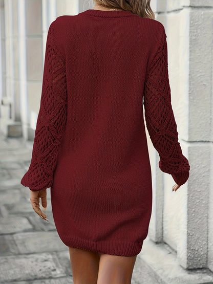 Elegante Vestido Ceñido de Crochet de Manga Larga – Tejido de Punto con Cuello en V para Mujer
