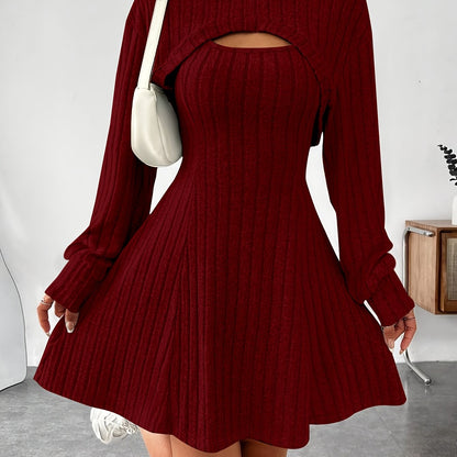 Ensemble 2 pièces côtelé pour femme – Top court à capuche et robe moulante