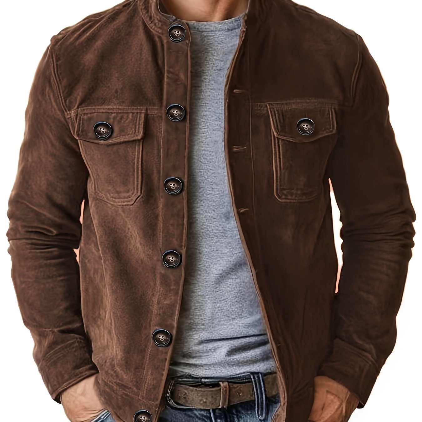 Chaqueta de ante sintético para hombre – Abrigo informal con cuello alto y botones