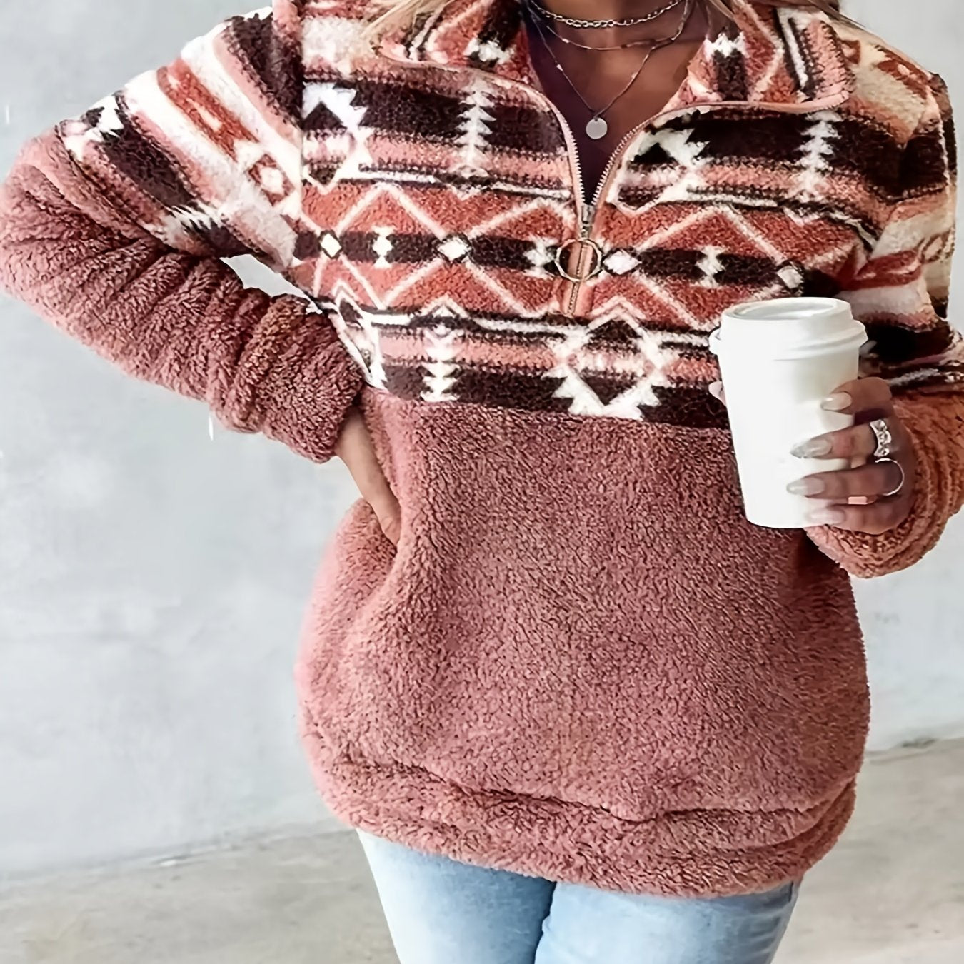 Sudadera de felpa con patrón geométrico Geo – Forro polar con media cremallera para otoño e invierno