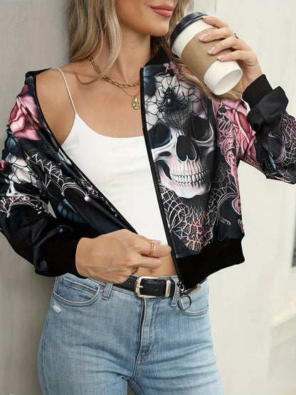 Women’s Printed Long Sleeve Jacket – Elegant Zip-Up Crew Neck Outerwear