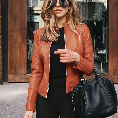 Chaqueta estilo motera de piel sintética – Corte entallado con cremallera