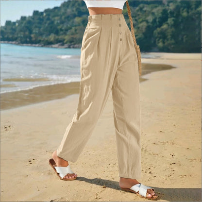 Pantalon décontracté taille haute Loom & Soul pour femme – Pantalon droit en coton et lin pour un confort au quotidien