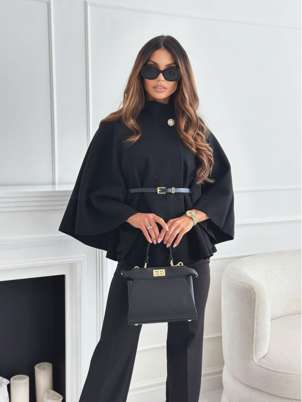 Haut cape chauve-souris Loom & Soul – Veste ceinturée en laine à col montant pour femme
