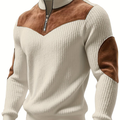 Jersey retro de cuello alto y media cremallera para hombre – Cálido y de canalé