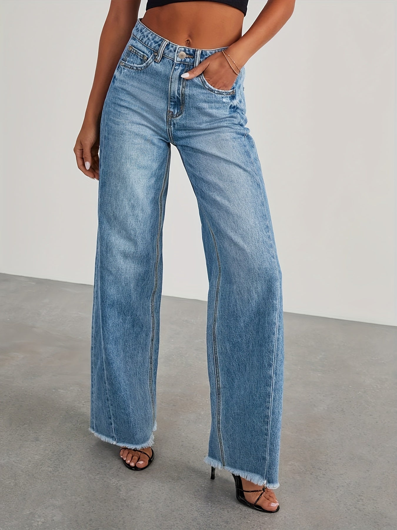 Pantalones vaqueros de mujer de talle alto y pernera ancha – Vaqueros elásticos informales holgados