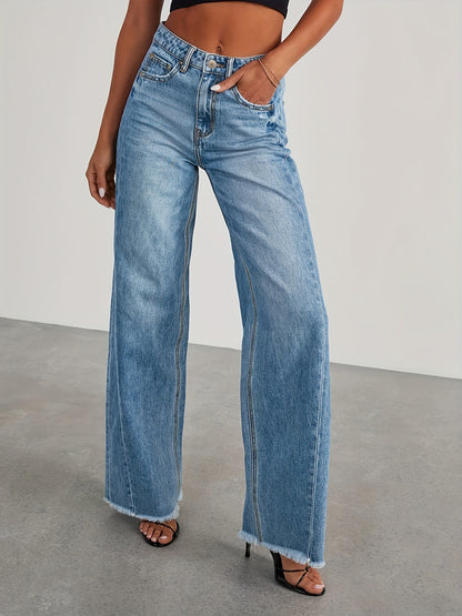 Pantalones vaqueros de mujer de talle alto y pernera ancha – Vaqueros elásticos informales holgados