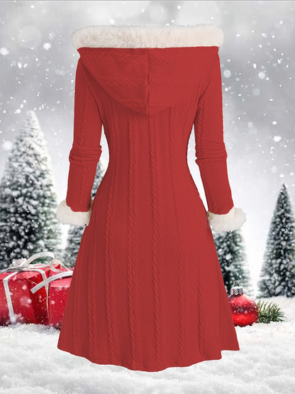 Abrigo con capucha de cuadros Y2K para mujer – Chaqueta larga de invierno con retazos rojos y blancos