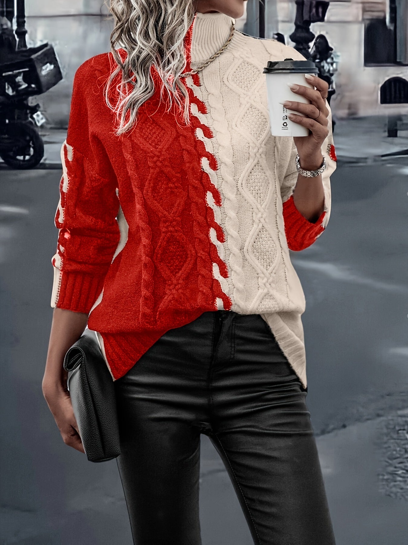 Blusa Elegante de Rayas con Cuello Alto – Top de Manga Larga de Punto Color Block