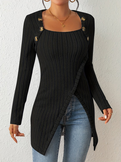 Camiseta de punto entallada para mujer – Top de manga larga con cuello cuadrado