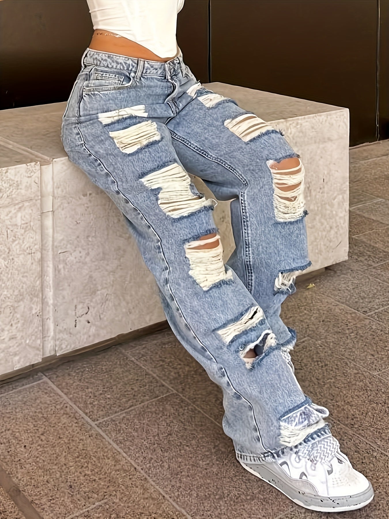 Vaqueros anchos vintage desgastados – Denim clásico lavado azul estilo urbano