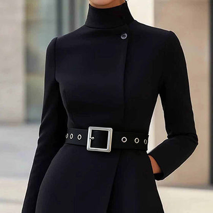 Vestido midi con cinturón y cuello alto para mujer – Elegancia de oficina de corte ajustado