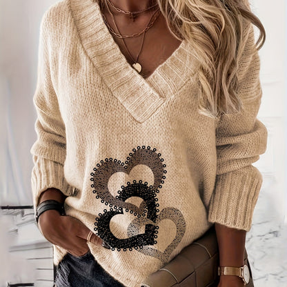 Suéter cómodo con estampado de corazón y cuello en V – Jersey de punto suave para otoño/invierno