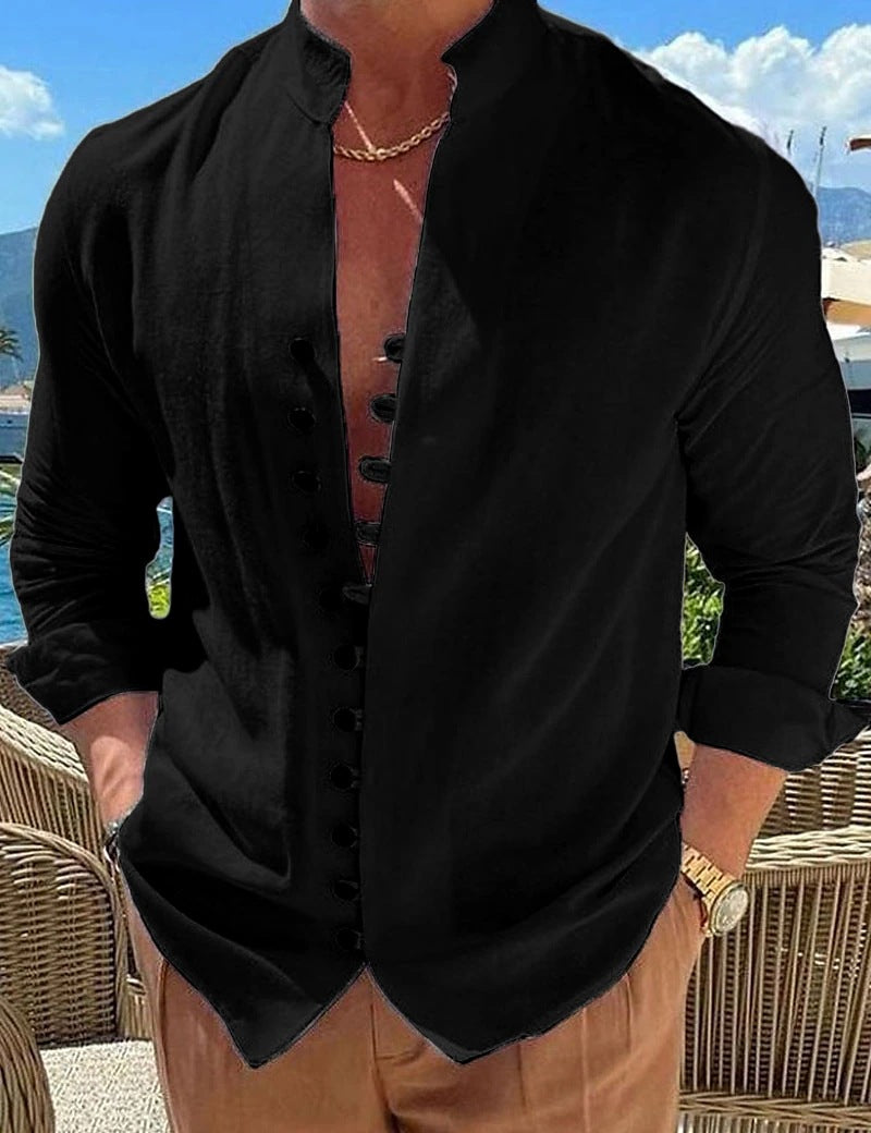 Camisa de lino y algodón para hombre con cuello alto – Cárdigan casual de corte holgado