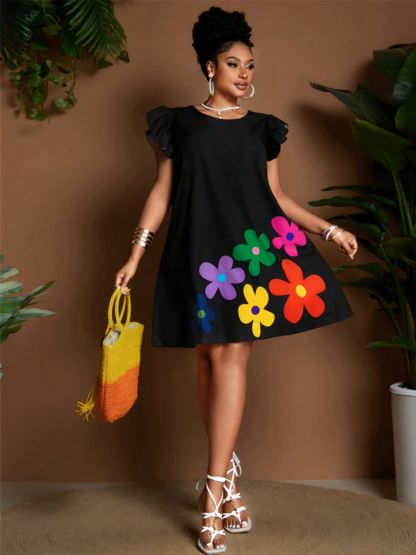 Vestido de verano con volantes en las mangas y estampado floral – Elegante vestido de verano hasta la rodilla