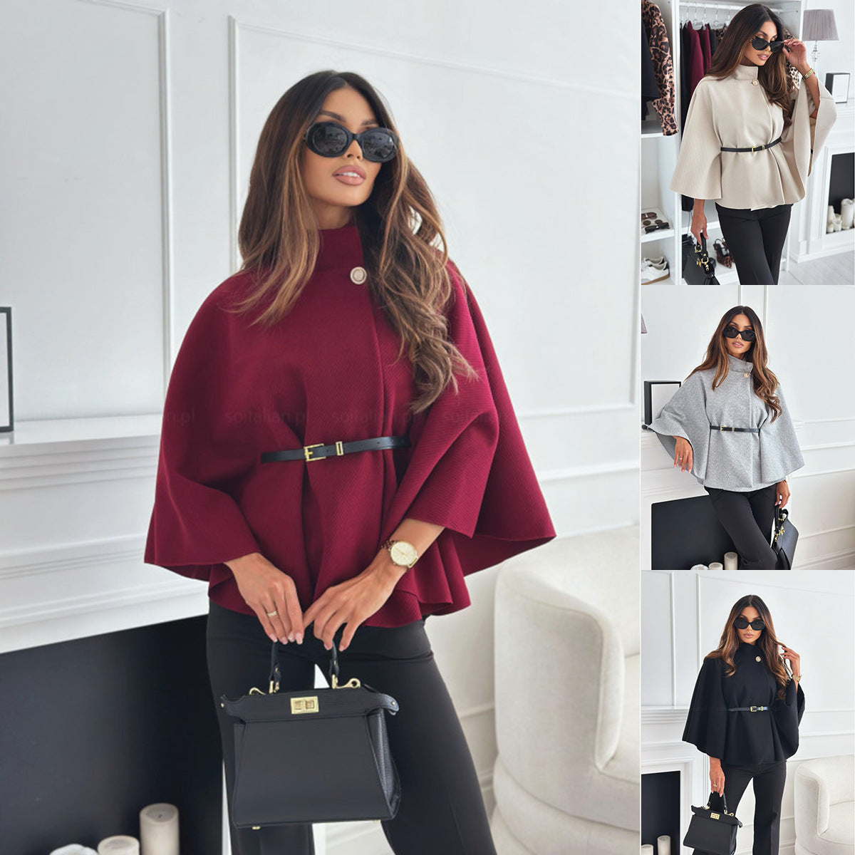 Haut cape chauve-souris Loom & Soul – Veste ceinturée en laine à col montant pour femme