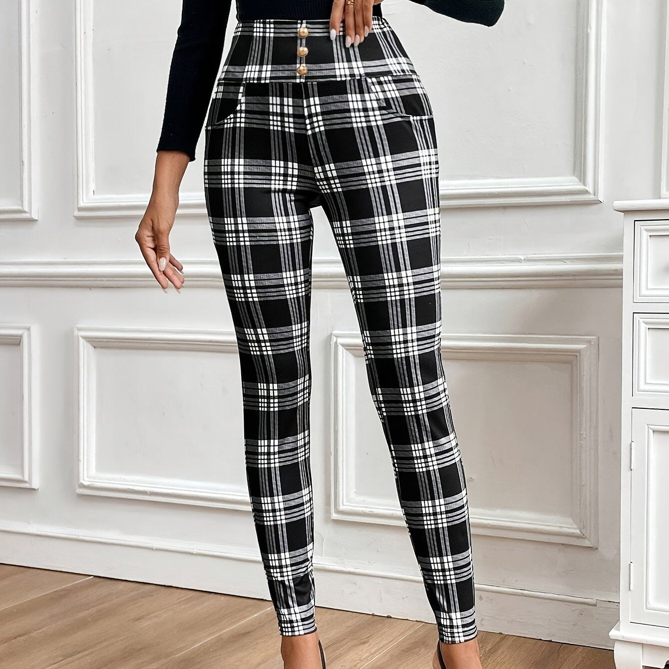 Pantalones entallados de cuadros de talle alto para mujer – Elegantes pantalones a cuadros