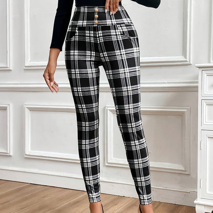 Pantalones entallados de cuadros de talle alto para mujer – Elegantes pantalones a cuadros