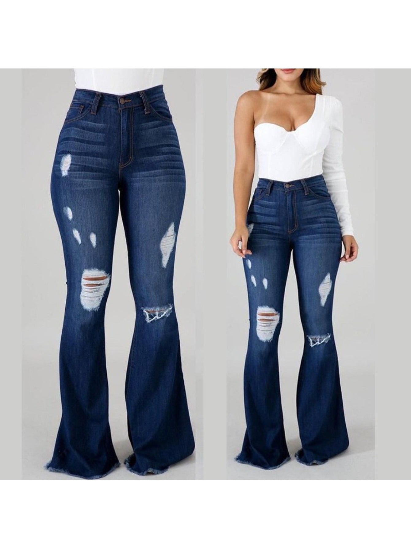 Vaqueros Acampanados de Talle Alto – Denim Elástico Ajustado con Rasgaduras