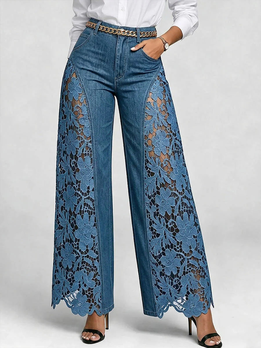 Women’s Lace Panel Jeans – High Waist Wide-Leg Denim