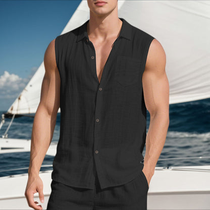 Men’s Linen Sleeveless Shirt – Open Lapel Summer Layer
