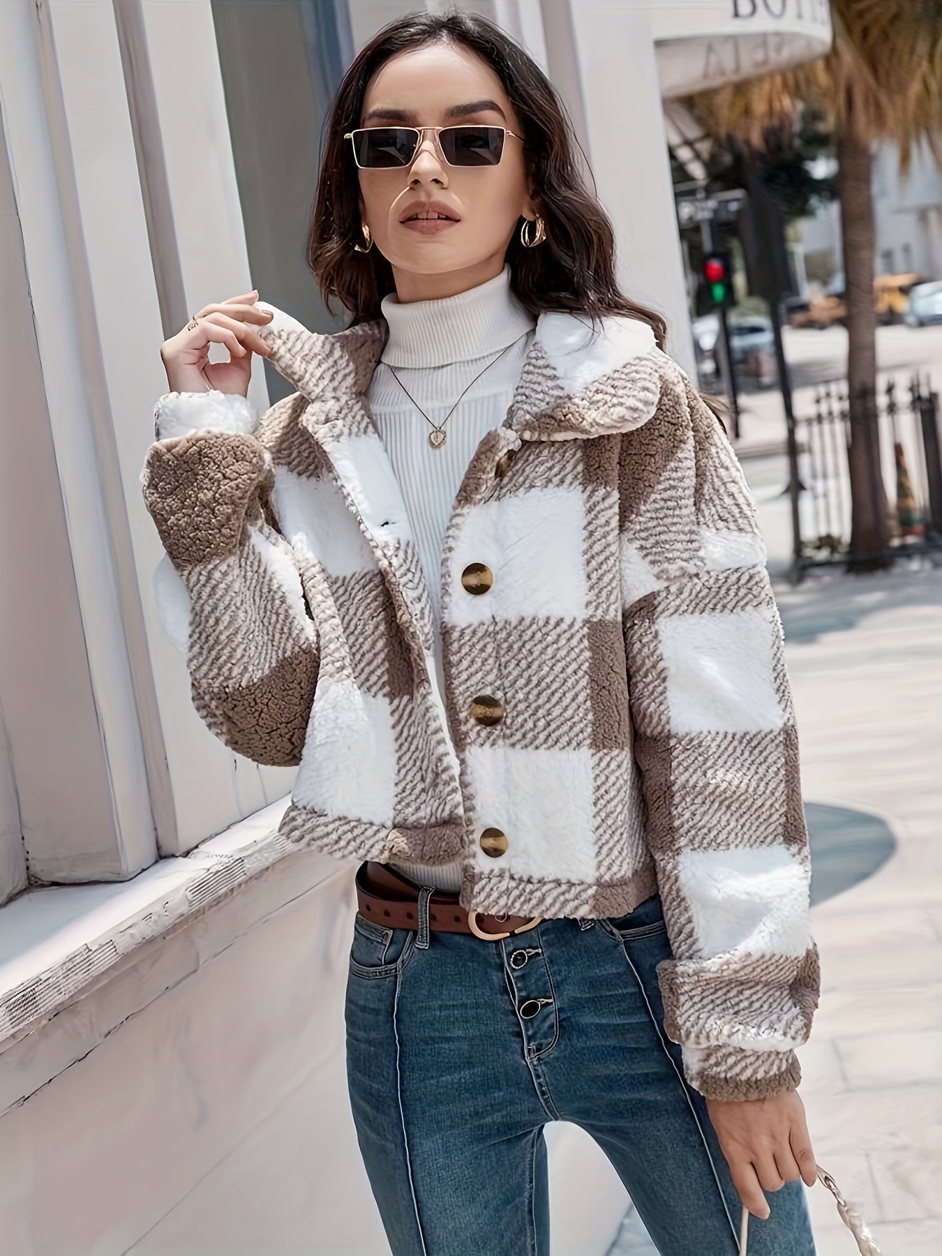 Abrigo de cuadros de borreguito para mujer – Abrigo de invierno cálido de manga larga con botones