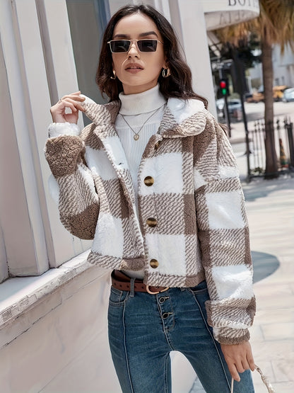 Abrigo de cuadros de borreguito para mujer – Abrigo de invierno cálido de manga larga con botones