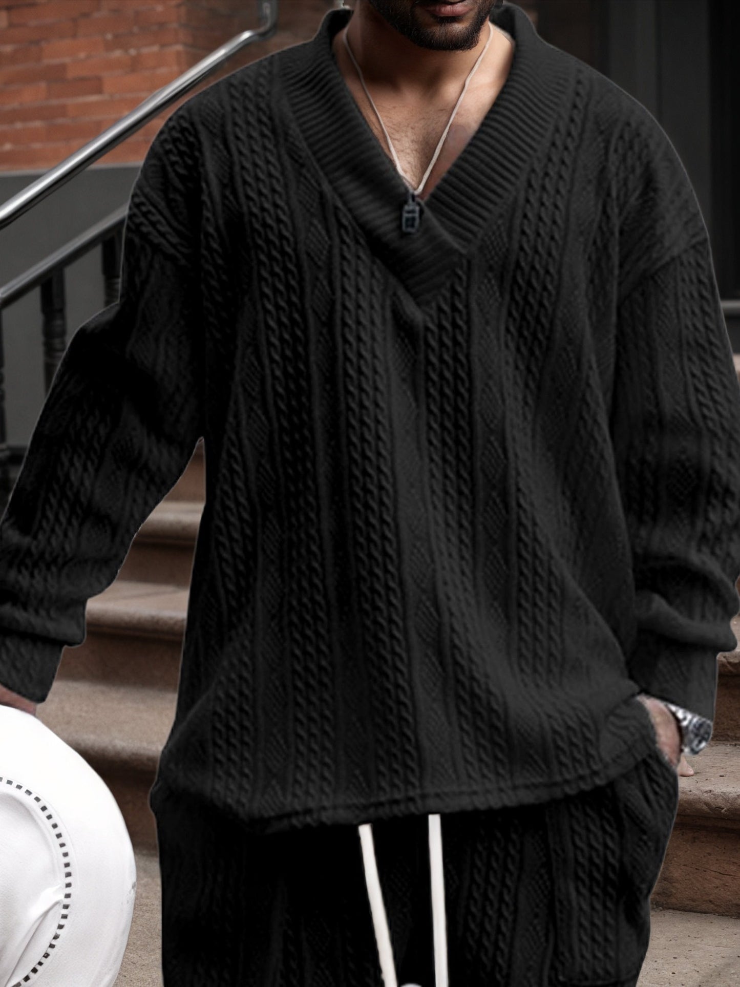 Suéter de punto con cuello en V para hombre – Jersey casual de jacquard acanalado