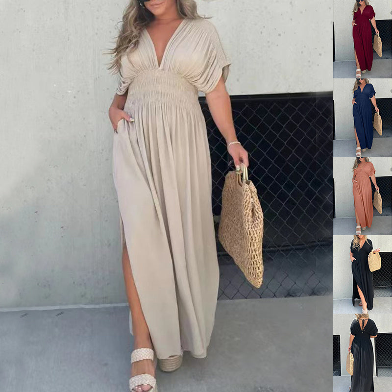 Robe longue fendue à col en V Loom & Soul™ pour femme – Robe longue d'été à manches courtes et taille élastique