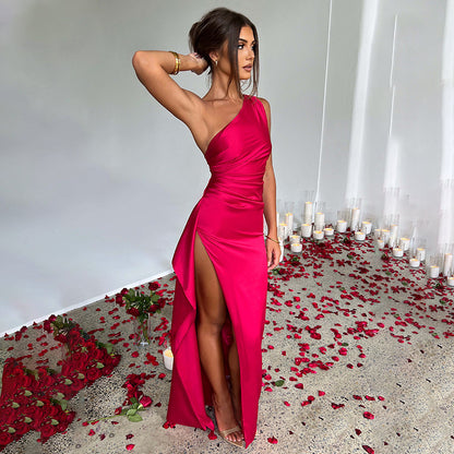 Vestido con abertura de un solo hombro de satén Loom & Soul™ – Vestido de fiesta de verano elegante sin espalda para mujer