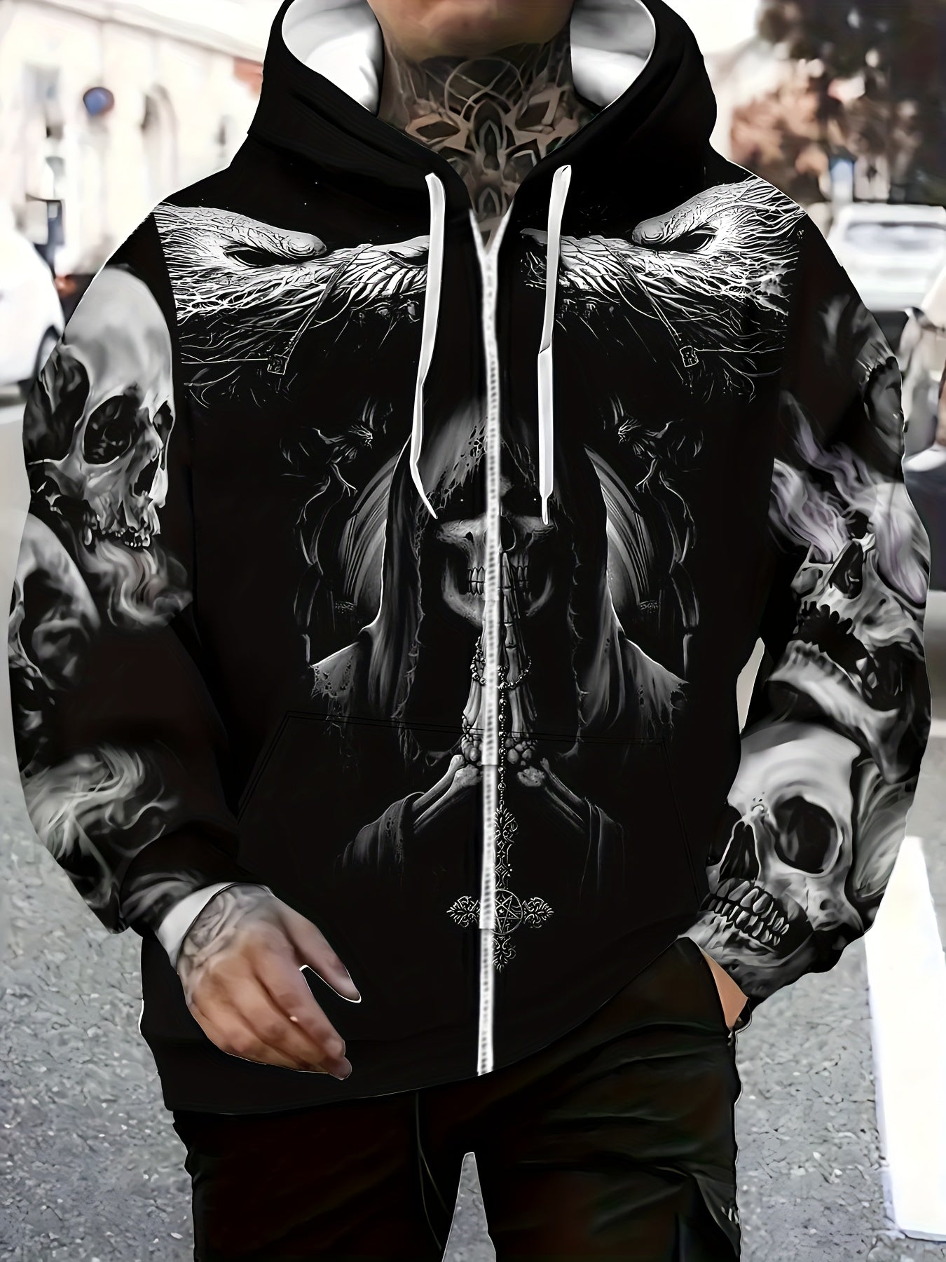 Sweat à capuche zippé gothique tête de mort pour homme Loom & Soul – Veste streetwear ailes enflammées