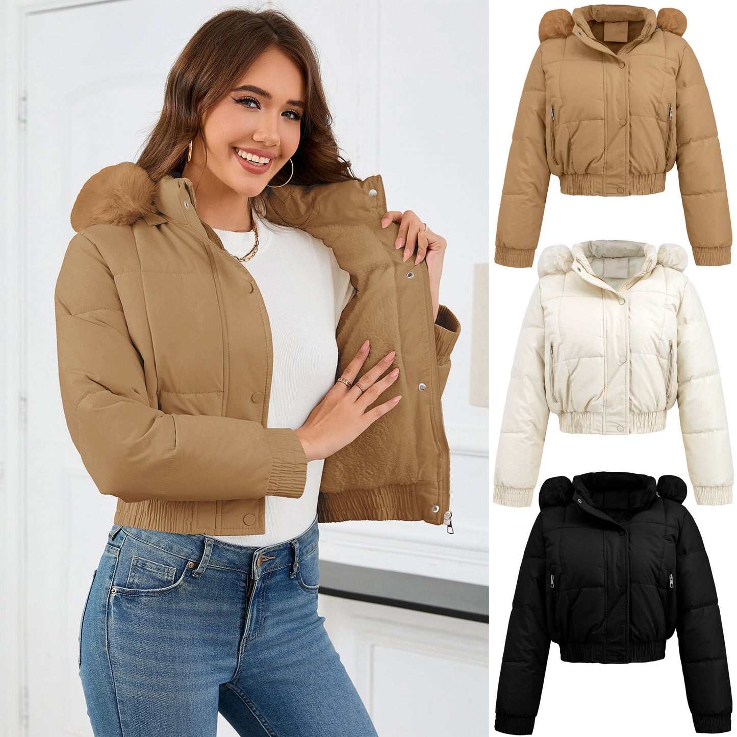 Loom & Soul™ Chaqueta de invierno acolchada de algodón para mujer – Elegante abrigo grueso y cálido en caqui, negro o blanco