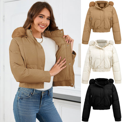 Loom & Soul™ Chaqueta de invierno acolchada de algodón para mujer – Elegante abrigo grueso y cálido en caqui, negro o blanco