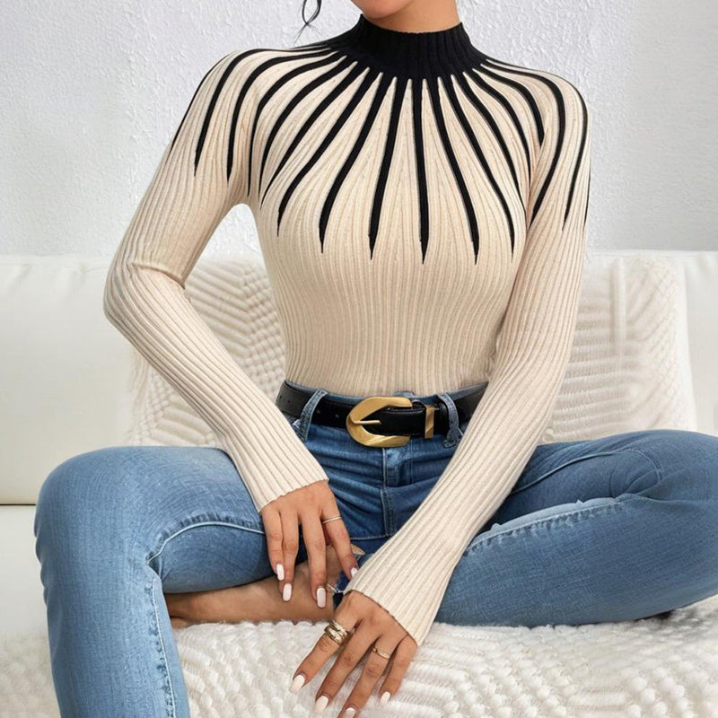 Suéter de punto de cuello alto ajustado para mujer – Manga larga a rayas acanalado