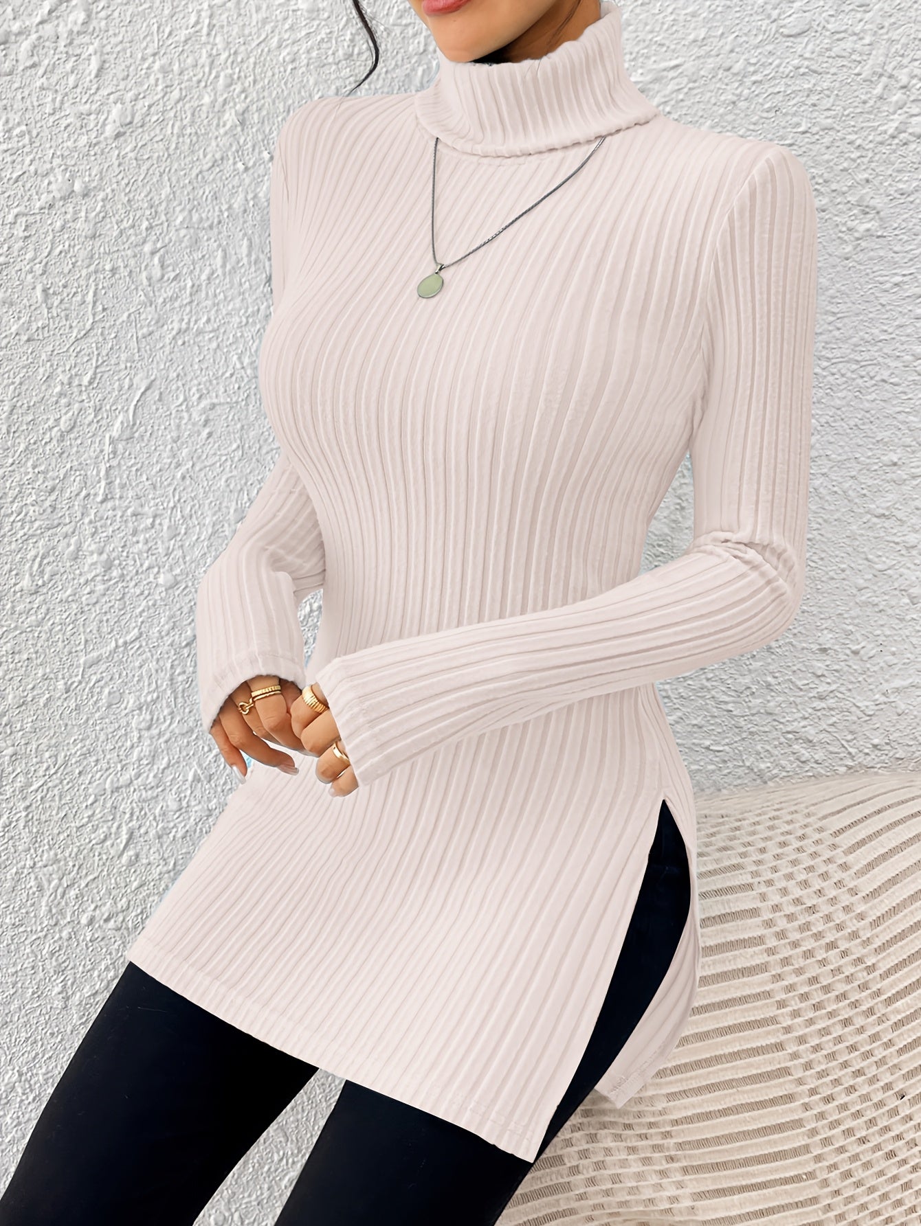Top de cuello alto elegante para mujer – Tejido suave de manga larga y cuello alto