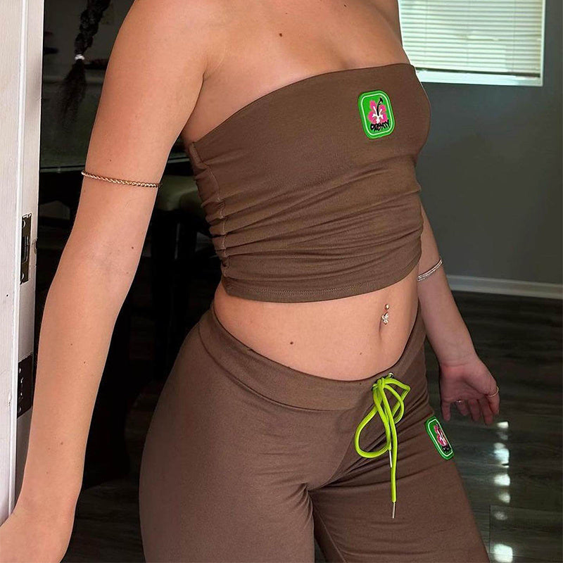 Loom & Soul™ Conjunto Bordado de Dos Piezas de Verano – Top Bandeau y Pantalones Acampanados de Talle Alto para Mujer