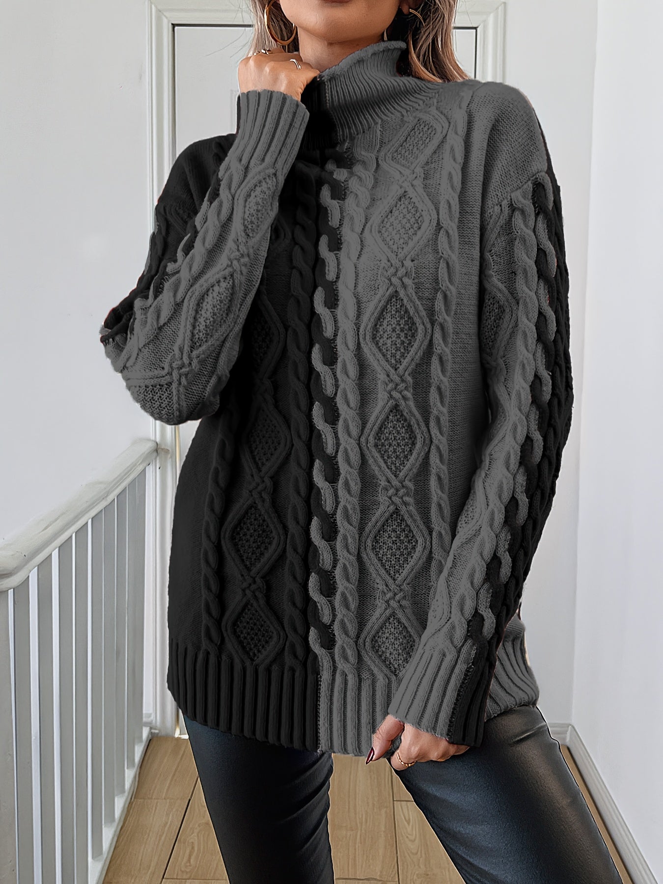Blusa Elegante de Rayas con Cuello Alto – Top de Manga Larga de Punto Color Block