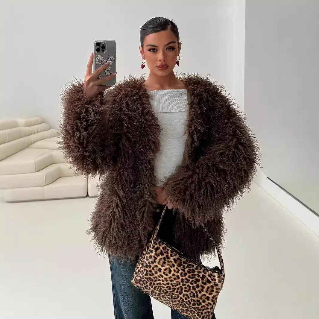 Chaqueta de Pelo Sintético para Mujer con Costuras de Cuero – Abrigo Estilo Urbano