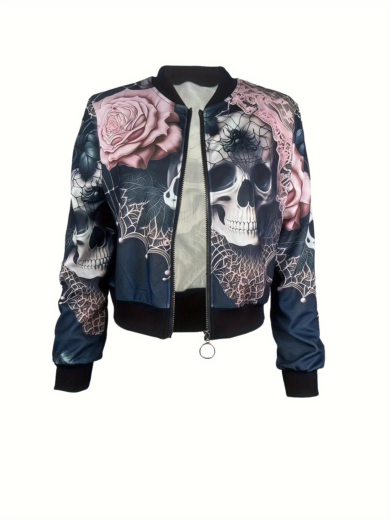Women’s Printed Long Sleeve Jacket – Elegant Zip-Up Crew Neck Outerwear