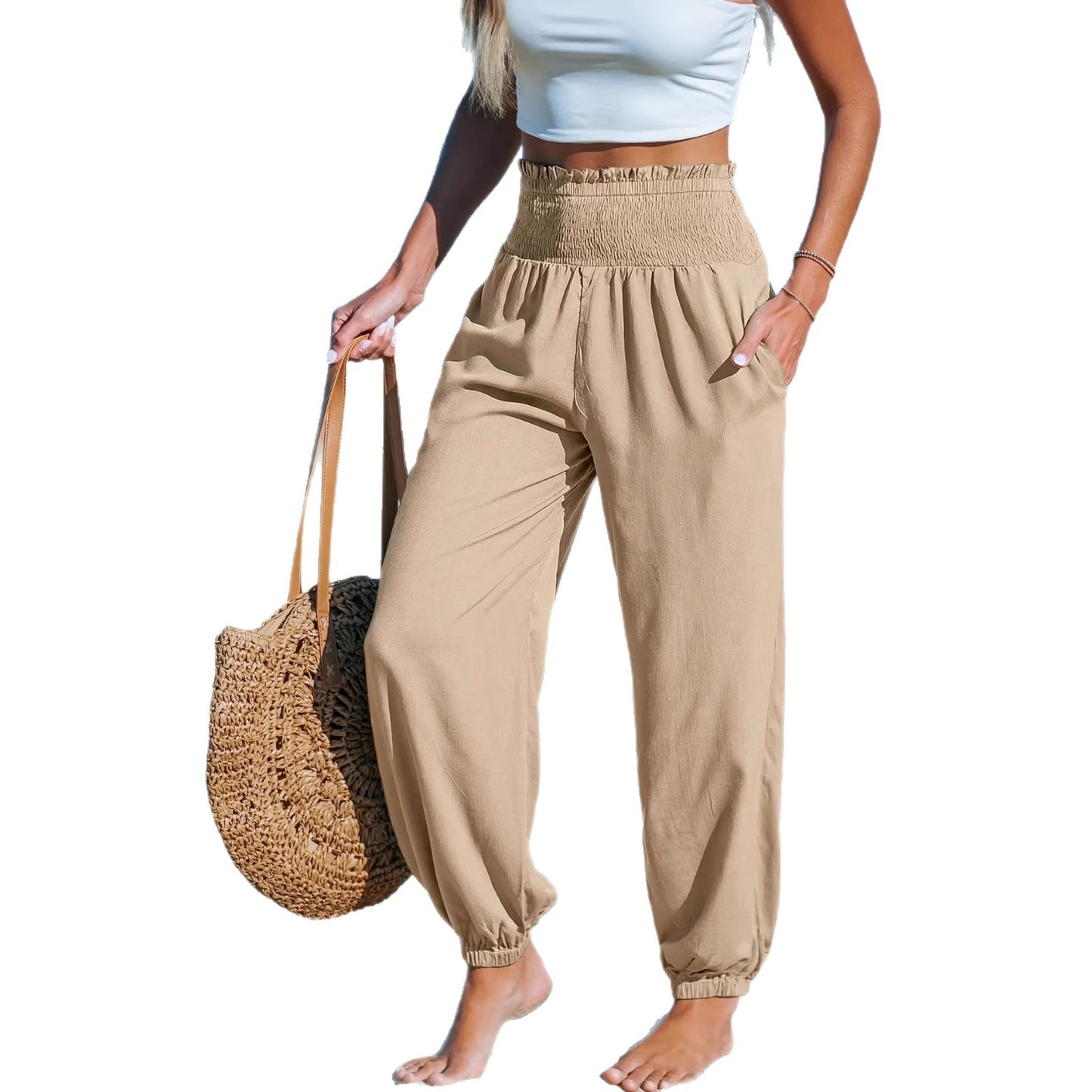 Women’s Ankle-Tie Pants – High Waist Beach Casual Fit