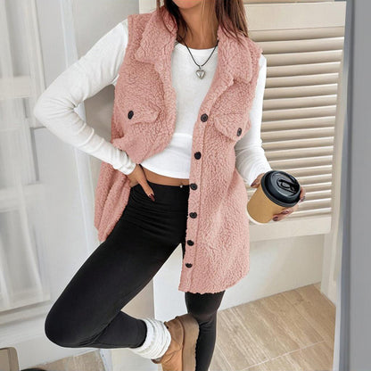 Women’s Wool-Like Sleeveless Vest – Lapel Button Mid-Length Waistcoat