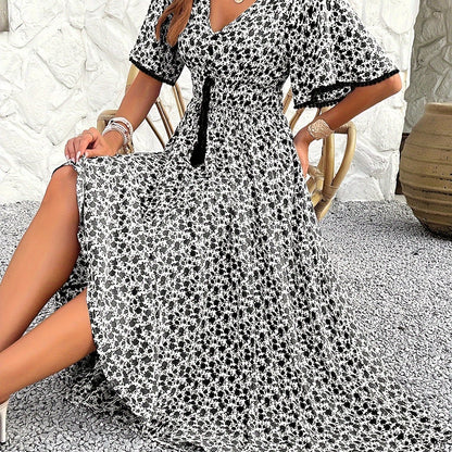 Floral Tassel V-Neck Dress – Elegant Printed A-Line Midi Dress